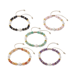 Mixed Stone Adjustable 6mm Round Gemstone Braided Bead Bracelets, 8mm Round Shell Pearl Bracelets for Women, Inner Diameter: 2~3 inch(5~7.6cm)