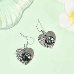 Heart Paua Shell and 304 Stainless Steel Dangle Earrings, Heart, 22x23mm