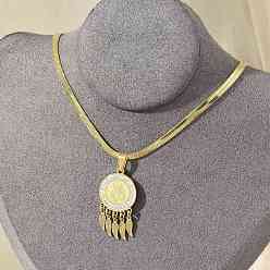 Настоящее золото 18K 201 ожерелья из нержавеющей стали с плоским круглым кубическим цирконием и подвеской в виде пера, реальный 18 k позолоченный, 16.32 дюйм (41.45 см)