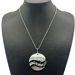 Плоский Круглый Сплав паве натуральный абалоне раковина белая ракушка подвеска ожерелья, платина, плоско-круглые