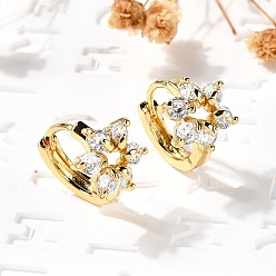 Настоящее золото 18K Серьги-кольца из латуни с цветком, с четким кубического циркония, реальный 18 k позолоченный, 13x10x15.5 мм