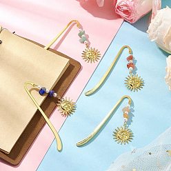 Смешанные камни Закладки-подвески в виде солнца из натурального красного авантюрина, зеленого авантюрина, южного красного агата, солнечного камня и латуни, закладки с крючками из сплава, 85x13.5 мм