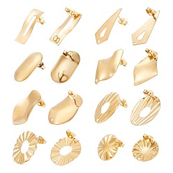 Золотой 8 стиль 304 фурнитура для сережек-гвоздиков из нержавеющей стали, с вертикальными петлями и ушными гайками/задними частями серег, овальные и плоские круглые и прямоугольные и конусные, золотые, 17~28x8~18 мм, отверстие : 1.2~4 мм, штифты : 0.7 мм, 2 шт / стиль, 16 шт / коробка