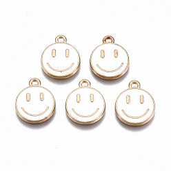 White Alloy Enamel Charms, Cadmium Free & Lead Free, Smiling Face, Light Gold, White, 14.5x12x1.5mm, Hole: 1.5mm