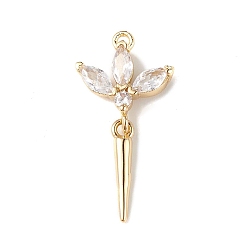 Прозрачный Стойка металлическая латунная микропрофилированная кубическая циркония подвески, цветочный шарм, без кадмия и без свинца, долговечный, реальный 18 k позолоченный, прозрачные, 22x11x3 мм, отверстие : 1 мм