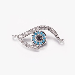 Real Platinum Plated Long-Lasting Plated Brass Micro Pave Cubic Zirconia Links, Evil Eye, Real Platinum Plated, 10x23x3.5mm, Hole: 0.5mm