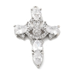 Платина Латунные микропаве прозрачные подвески с фианитом, крестик, стойки покрытие, долговечный, без свинца и без кадмия, платина, 34.5x23.5x4.5 мм, отверстие : 1.2 мм