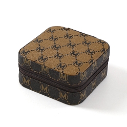 Camel M Printed PU Imitation Leather Jewelry Storage Zipper Boxes, for Necklaces Bracelets Earrings Rings, Square, Camel, 10x10x5cm
