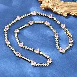 Real 18K Gold Plated Brass Pave Pink Cubic Zirconia Heart Link Chain Necklaces, Cadmium Free & Lead Free, Rack Plating, Long-Lasting Plated, Real 18K Gold Plated, 17.60 inch(44.7cm)