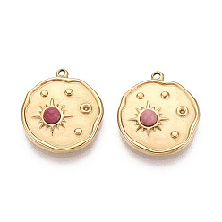 Настоящее золото 14K 304 подвески из нержавеющей стали и родохрозита, плоские круглые с солнцем, реальный 14 k позолоченный, 17x15x3.5~4 мм, отверстие : 1.2 мм