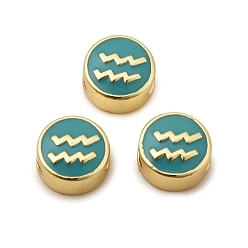 Водолей Латунные бусины, с эмалью, плоские круглые с созвездием, реальный 18 k позолоченный, Небесно-голубой, Водолей, 10x5 мм, отверстие : 4.5x2.5 мм