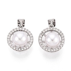 Платина Латунные микропаве прозрачные подвески с фианитом, с имитацией жемчуга, полукруглые прелести, платина, 14.5~15x13x8.5 мм, отверстие : 5x3.2 мм