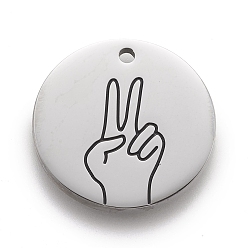 Victory Non-Tarnish 316 Surgical Stainless Steel Pendants, ASL Pendants, Flat Round with Gesture Language, Stainless Steel Color, Victory, 25x2mm, Hole: 2mm