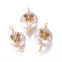 Морской Синий Соединители звеньев натурального жемчуга, с кубического циркония и латуни выводов, плоские круглые с бабочкой, золотые, Marine Blue, 19~23x10~12x6~9 мм, отверстие : 1.6 мм