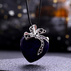 Lapis Lazuli Natural Lapis Lazuli Pendants, Heart Charms with Platinum Plated Metal Bowknot, 40x30mm