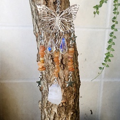 Красный Авантюрин Металлические полые подвесные украшения в виде бабочек, Натуральный красный авантюрин и стеклянные каплевидные кисточки для ловли солнца для дома и улицы, 210~230 мм