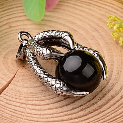 (946F)Морозный цвет внутри  Жонкиль / Непрозрачная зеленая подкладка Натуральный черный агат подвески, с латунной фурнитурой античного бронзового тона, коготь с круглым шаром, 34.5x23x16 мм, отверстие : 5x7 мм