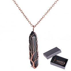 Black Agate 1Pc Natural Black Agate Bullet Macrame Pouch Pendant Alloy Chain Necklaces, with Paper Jewelry Gift Packing Boxes and Raffia Crinkle Cut Paper Shred Filler, Golden, 20.87 inch(53cm)