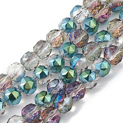 Зеленый Прозрачные стеклянные бусины гальваническим пряди, граненые, круглые, с половиным покрытием, зелёные, 9~10x9~9.5 мм, отверстие : 1.4 мм, около 54~60 шт / нитка, 18.90~21.65 дюйм (48~55 см)