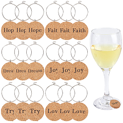 Платина 18шт. пробковые подвески для бокалов, с железными кольцами, плоские круглые со словом, платина, 53.5 мм, 3bags / комплект