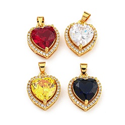 Golden Rack Plating Brass Micro Pave Cubic Zirconia Pendants, with Glass, Heart, Golden, 16.5x13.5x7mm, Hole: 4x3.5mm