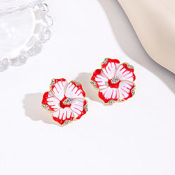 Oro Pendientes de botón de aleación de zinc, esmalte y cristales de imitación., flor, dorado, 29 mm