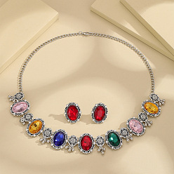 Платина Комплект из овальных ожерелий и серег-гвоздиков из сплава стекла, платина, 480 мм