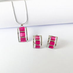 Темно-Розовый Комплект из ожерелья и серег-гвоздиков из прямоугольного сплава с кошачьим глазом и хрустальными стразами, темно-розовыми, 400 мм