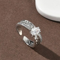 Платина Открытые кольца манжеты из латуни с микропаве и кубическим цирконием, слеза, без кадмия и без свинца, стойки покрытие, долговечный, платина, 7 мм, внутренний диаметр: 15.5 мм