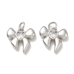 Platino Latón micro pavimenta claro cubic zirconia encantos, encantos del bowknot, chapado en rack, larga duración plateado, sin plomo y cadmio, Platino, 13.5x13.5x3.3 mm, agujero: 3 mm
