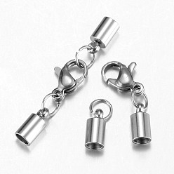 Stainless Steel Color 304 Stainless Steel Lobster Claw Clasps, with Cord Ends, Stainless Steel Color, 32mm