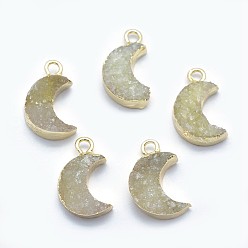 Light Khaki Natural Quartz Pendants, with Golden Tone Brass Findings, Moon, Dyed, Light Khaki, 15~16x8.5~10x5~6mm, Hole: 2mm