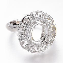 Platinum Adjustable Brass Micro Pave Clear Cubic Zirconia Finger Ring Components, 4 Claw Prong Ring Settings, Long-Lasting Plated, Flower, Clear, Platinum, US Size 6 3/4, Inner Diameter: 17.1mm, Tray: 10x8mm