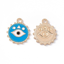 Deep-Sky-blau Emaille Anhänger Legierung, Licht Gold, flach rund mit Augen-Muster, Deep-Sky-blau, 21.5x18x2 mm, Bohrung: 2.5 mm