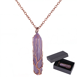 Amethyst 1Pc Natural Amethyst Bullet Macrame Pouch Pendant Alloy Chain Necklaces, with Paper Jewelry Gift Packing Boxes and Raffia Crinkle Cut Paper Shred Filler, Golden, 20.87 inch(53cm)
