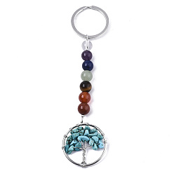 Howlite Natural Howlite Chips Chakra Keychain, Dyed & Heated, with Platinum Plated Stainless Steel Split Key Rings and Mixed Stone Round Beads, Flat Round with Tree of Life, 122mm