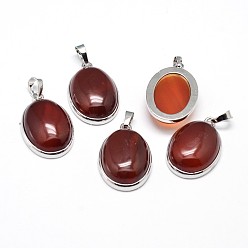 Красный Агат Овальные латунные подвески с драгоценными камнями, покрытые платиной, без кадмия и без свинца, 31x20x7.5 мм, отверстие : 5x8 мм