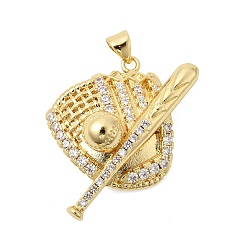 Baseball Подвески из латуни с микропаве и прозрачными кубическими циркониями в спортивной тематике, без кадмия и без свинца, долговечный, стойки покрытие, реальный 18 k позолоченный, бейсбольной битой, 29x31x11 мм, отверстие : 4.5x3.5 мм