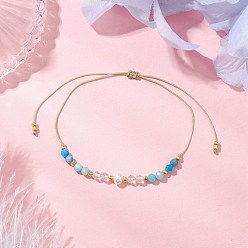 Смешанные камни Регулируемые браслеты из плетеных бусин из натурального амазонита, кварца и апатита для женщин, рондель, с вощеной нейлоновой нитью и бусинами из натурального культивированного пресноводного жемчуга, внутренний диаметр: 2-7/8 дюйм (7.35 см)