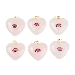 Розовый Кварц Природного розового кварца подвески, подвески в форме сердца с латунной микрофиброй и фианитами, реальный 18 k позолоченный, долговечный, стойки покрытие, без кадмия и без свинца, 22x20x6.5 мм, Перейти кольцо: 5x1 мм, внутренний диаметр: 3 мм