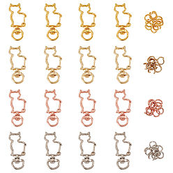 Mixed Color Alloy Swivel Keychain Clasp Findings, with Iron Jump Rings, Cat Shape, Mixed Color, 44x18x6mm, Jump Ring: 8x0.6mm, 4 colors, 10sets/color, 40sets/bag