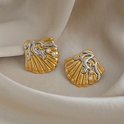 Real Gold Plated & Stainless Steel Color Two Tone 304 Stainless Steel Shell Pearl Stud Earrings for Women, Shell Shape, Real Gold Plated & Stainless Steel Color, 34.5x33.5mm