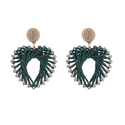 Teal Raffia Grass Stud Earring, Heart, Teal, 64x48mm