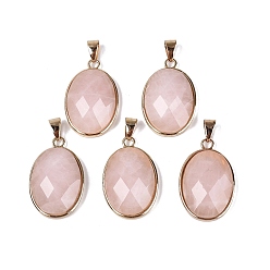 Rose Quartz Natural Rose Quartz Pendants, Brass Oval Bezeled Charms, with Iron Snap On Bails, Faceted, Golden, 31.5x20x8~9mm, Hole: 6.5~7.5x3.5~4.5mm