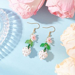 Белый Цветок 304 нержавеющая сталь стеклянные бусины подвесные серьги, с перламутровыми стеклянными жемчужинами, окрашенными в технике выпекания, и прозрачными акриловыми подвесками, золотые, белые, 56x13.5 мм