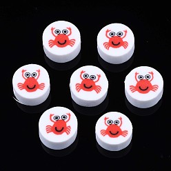 Белый Бусины из полимерной глины , плоский круглый с крабовыми узорами, белые, 9.5~10x4.5 мм, отверстие : 1.8 мм