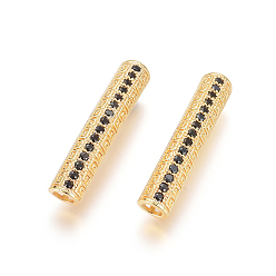 Golden Brass Micro Pave Cubic Zirconia Beads, Long-Lasting Plated, Tube Beads, Black, Golden, 30x6mm, Hole: 3.5mm