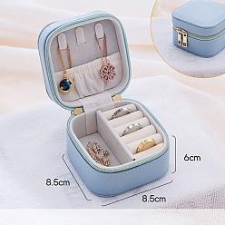 Светло-Голубой Квадратная шкатулка из искусственной кожи, дорожный портативный футляр для ювелирных изделий, ящики для хранения на молнии, для ожерелья, Кольца, серьги и подвески, Небесно-голубой, 8.5x8.5x6 см
