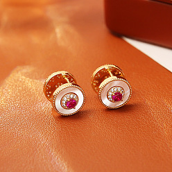 Темно-Розовый Латунные микро проложить серьги обруча кубического циркония, с естественной оболочке, плоско-круглые, золотые, темно-розовыми, 12x10 мм