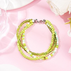 Зеленый газон Многорядные браслеты из стеклянных бусин для женщин, круглые, зеленый газон, 7-3/4~7-7/8 дюйм (19.7~20.1 см)